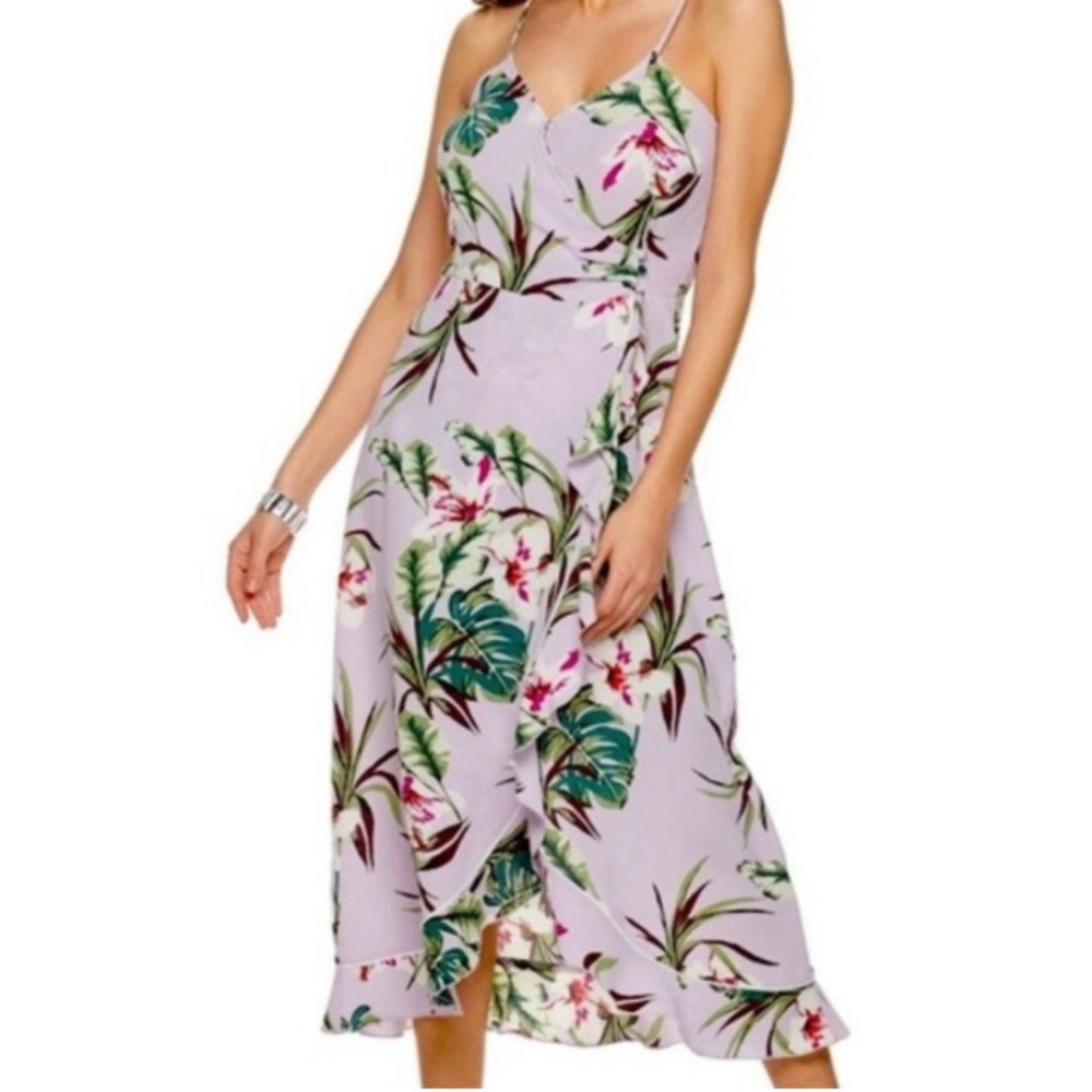 “Jennifer Lopez" lilac Hawaiian print wrap maxi-dress with ruffle - size M